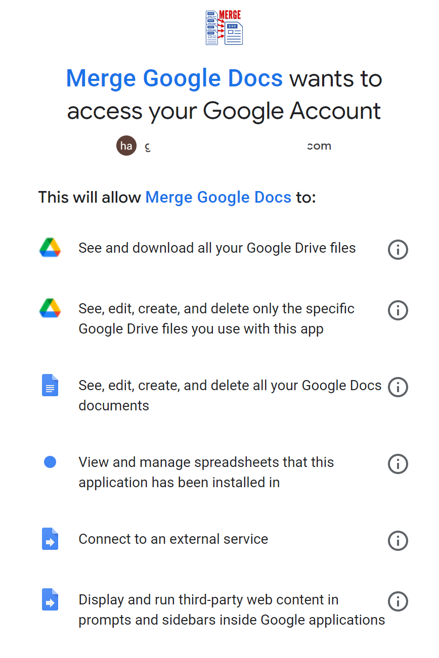 Authorization screen shown for Document Merge for Google Documents