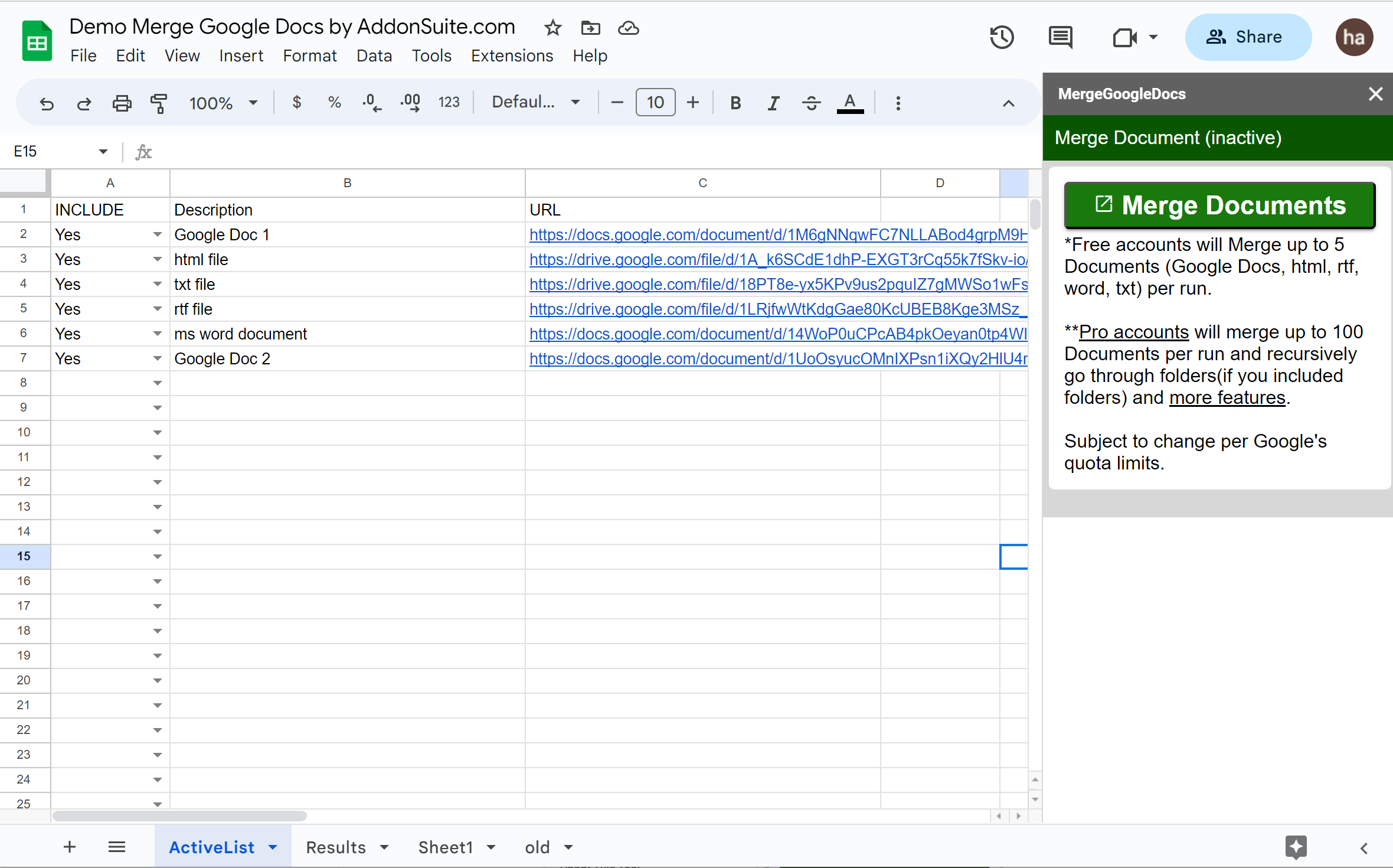 Enter document urls to combine using Merge Google Docs.