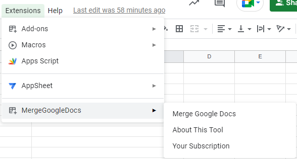 Menu on Google Sheets to access Document Merge for Google Documents (Extensions menu -> MergeGoogleDocs -> Merge Google Docs)