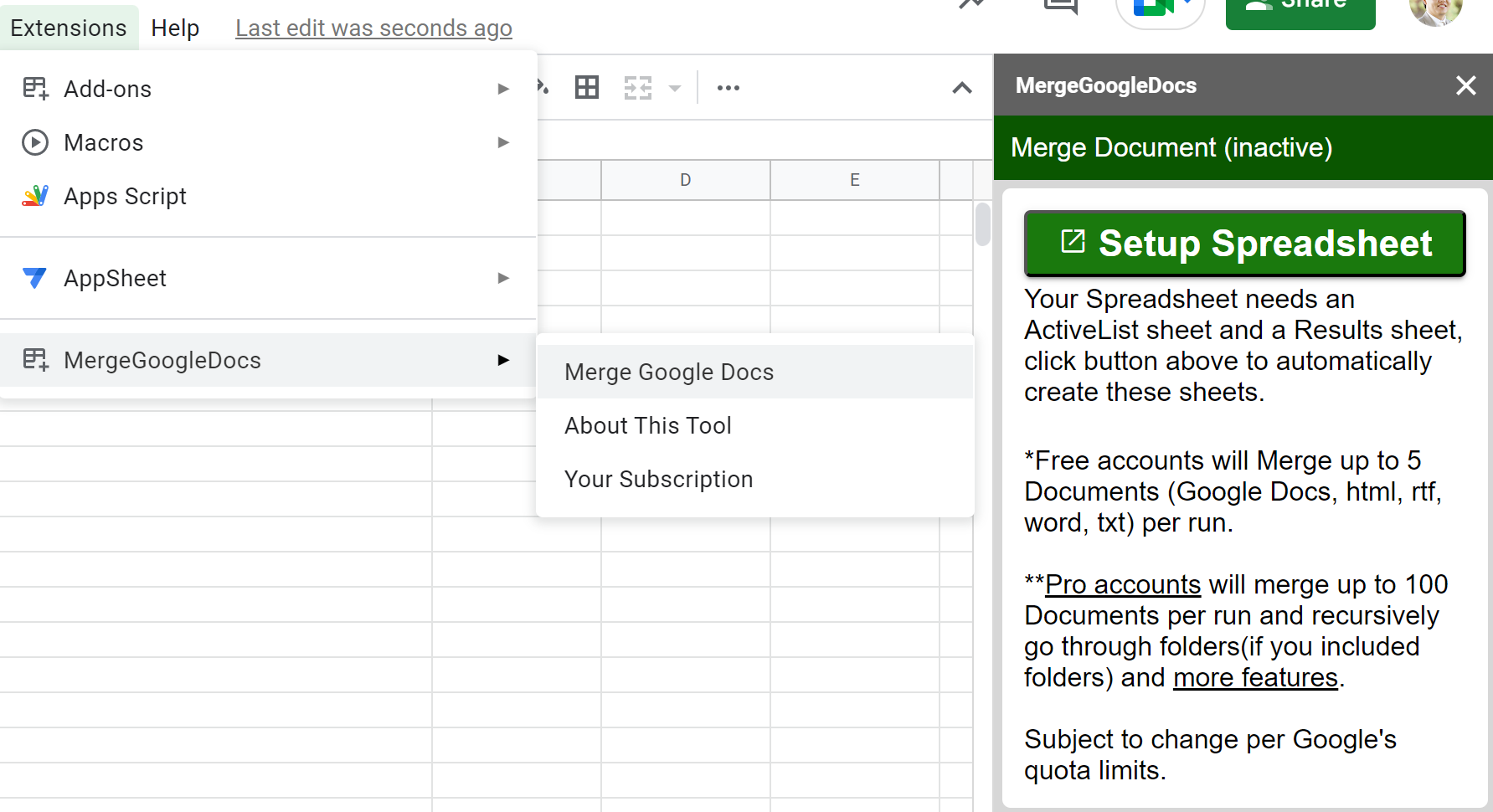 Setup Spreadsheet screen for Merge Google Docs.