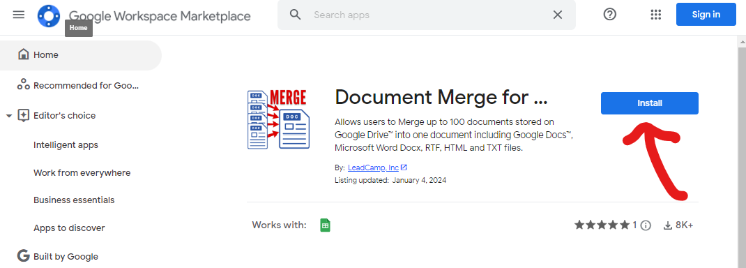 Install button shown on the Google Workspace page for Document Merge for Google Documents